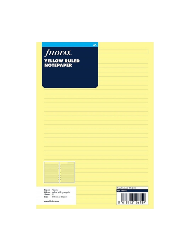 Ανταλλακτικά Φύλλα Σημειώσεων Pιγέ Kίτρινα A5 Filofax (343010)