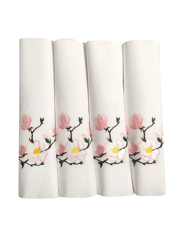 Πετσέτες Φαγητού Λευκές Άνθος Αμυγδαλιάς Ροζ NakasConcept Σετ 4 Tεμαχίων (50 x 50 cm)
