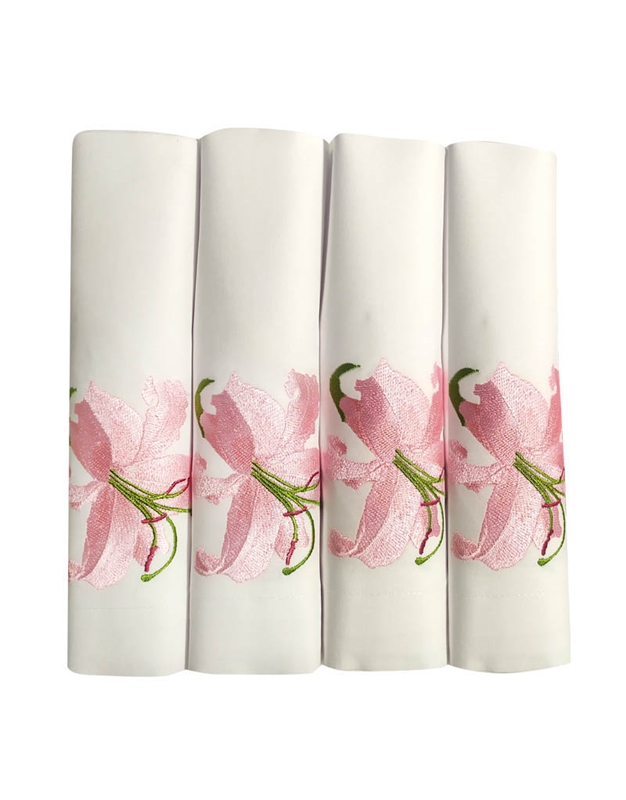 Πετσέτες Φαγητού Λευκές Λίλιουμ Ροζ NakasConcept Σετ 4 Tεμαχίων (50 x 50 cm)
