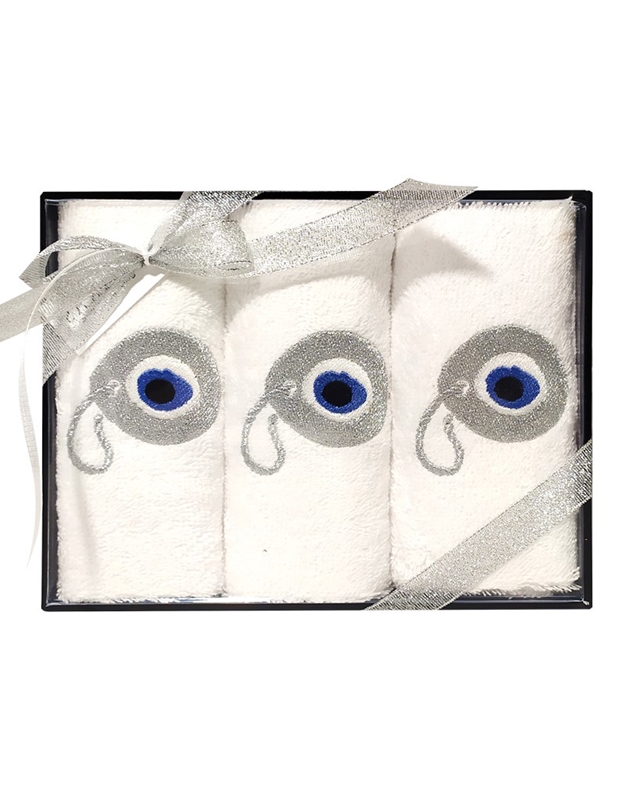 Πετσέτες WC Βαμβακερές Λευκές Με Ασημί Μάτι Σε Μαύρη Θήκη Nakas Concept 3 Τεμάχια