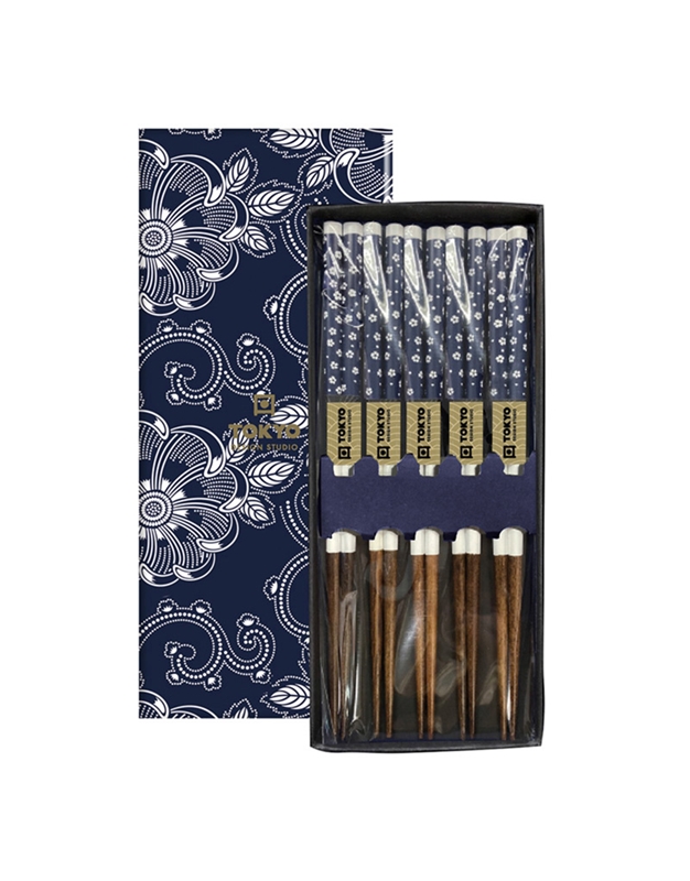 Chopsticks Καφε Μπλε Ξύλινα Με Λουλούδια 5 Ζεύγη (22.5 cm)