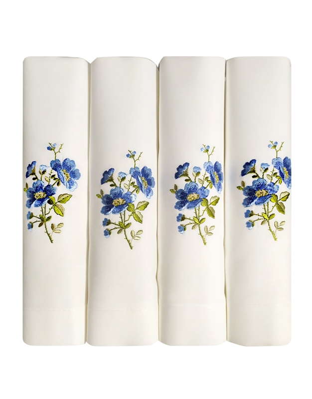 Πετσέτες Φαγητού Λευκές Λινές Γαλάζιο Λουλούδι Nakas Concept Σετ 4 Τεμάχια (50 x 50 cm)