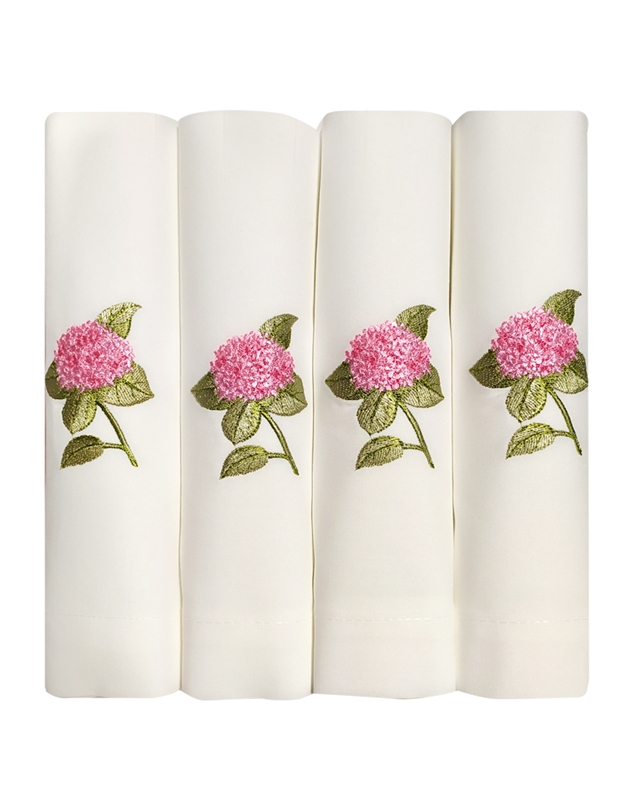 Πετσέτες Φαγητού Λευκές Λινές Ροζ Ορτανσία Nakas Concept Σετ 4 Tεμαχίων (50 x 50 cm)