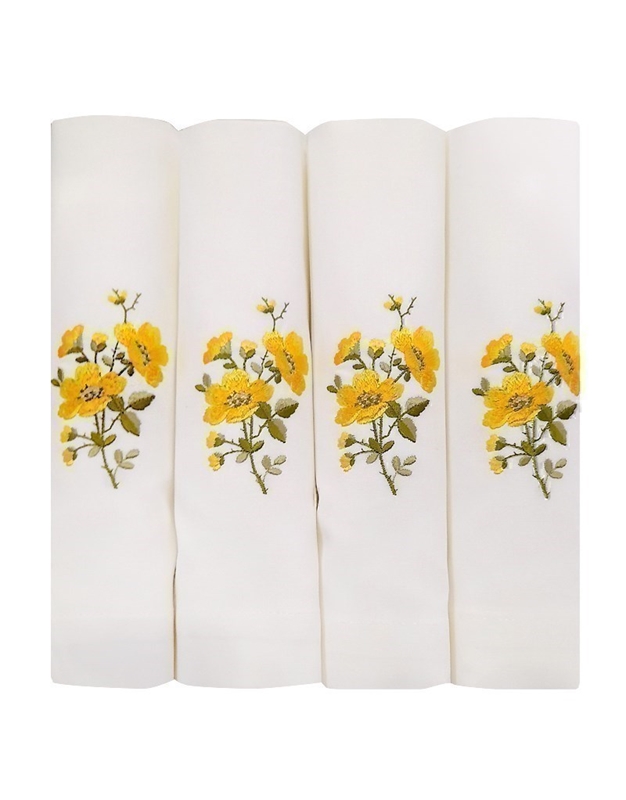 Πετσέτες Φαγητού Λευκές Λινές Με Κίτρινα Λουλούδια Nakas Concept Σετ 4 Tεμαχίων (50 x 50 cm)