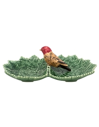 Πιατάκι Διπλό Kεραμικό Φύλλο Πράσινο Mε Κόκκινο Πουλάκι Bordallo Pinheiro (22 cm)