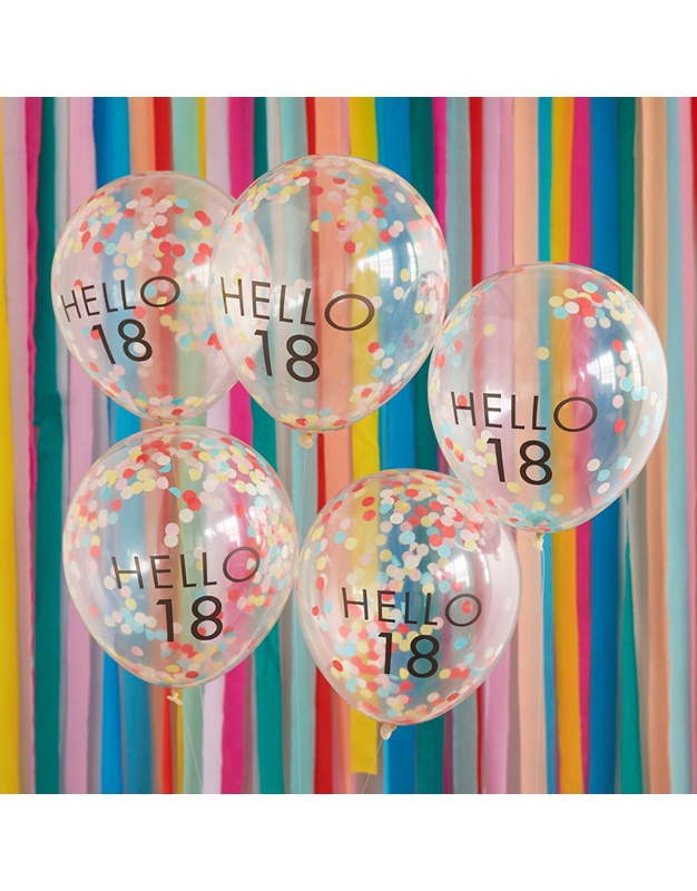 Mπαλόνια Hello 18 Mε Kομφετί Πολύχρωμα Ginger Ray (5 Tεμάχια)