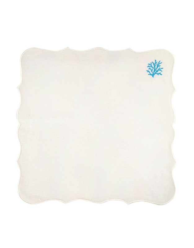Πετσέτα Φαγητού Λινή Λευκή Με Μπλε Και Πετρόλ Κοράλλια (39 x 39 cm)