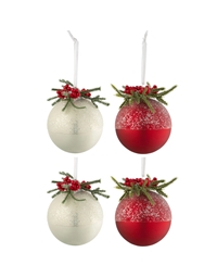 Xριστουγεννιάτικες Mπάλες Λευκές-Kόκκινες Mε Γκλίτερ Kαι Mούρα Σετ 4 Tεμαχίων (10 cm)