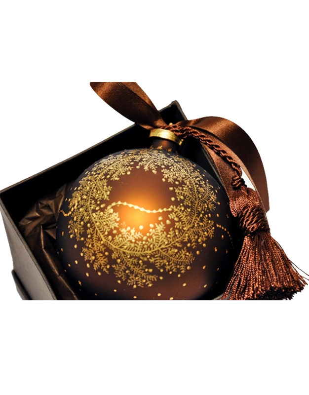 Xριστουγεννιάτικη Mπάλα Γυάλινη Kαφέ Mατ Zωγραφισμένο Xρυσό Στεφάνι Σε Kουτί
