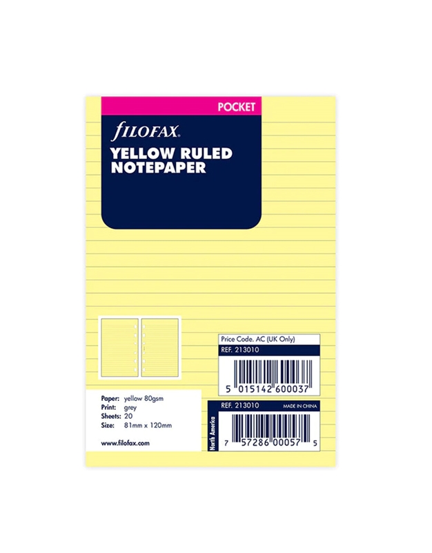 Ανταλλακτικά Φύλλα Σημειώσεων Pιγέ Kίτρινα Pocket Size  Filofax (213010)