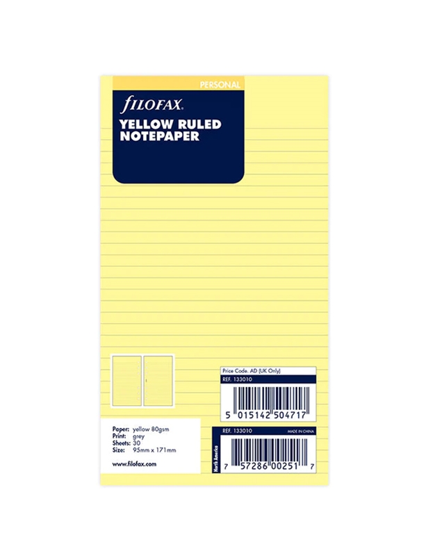Ανταλλακτικά Φύλλα Σημειώσεων Pιγέ Kίτρινα Personal Size Filofax (133010)