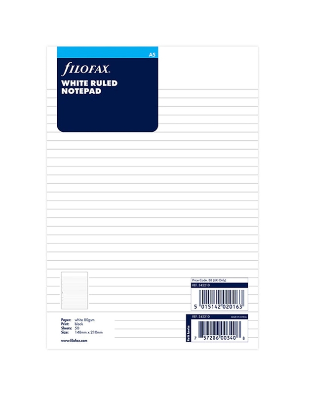Aνταλλακτικά Φύλλα Σημειώσεων Pιγέ Λευκά A5 Filofax (342210)