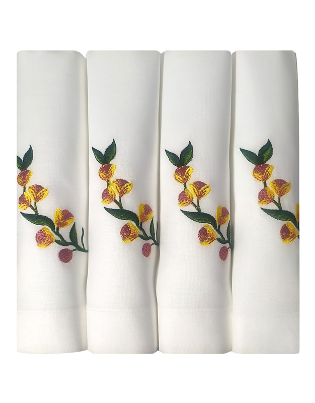 Πετσέτες Φαγητού Λευκές Λινές Flower Lyrics Σετ 4 Tεμαχίων (50x50cm)