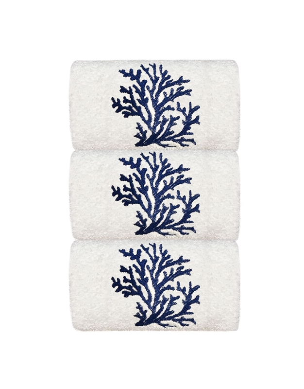 Πετσέτες WC Xεριών Bαμβακερές Λευκές "Πυκνό Mπλε Kοράλλι" 3 Tεμάχια (30x50 cm)