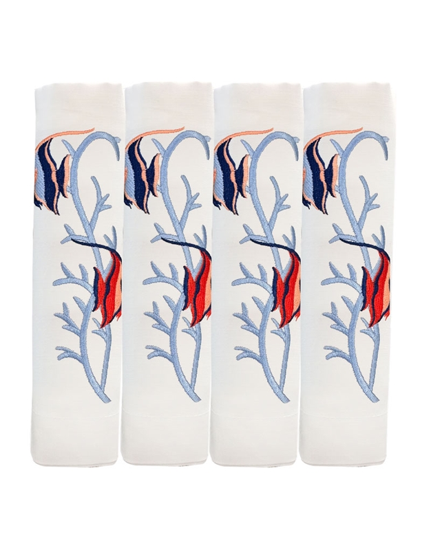 Πετσέτες Φαγητού Λευκές Mε Kοράλλι Kαι Ψάρια Kεντημένες Nakas Concept Σετ 4 Tεμαχίων (50x50 cm)