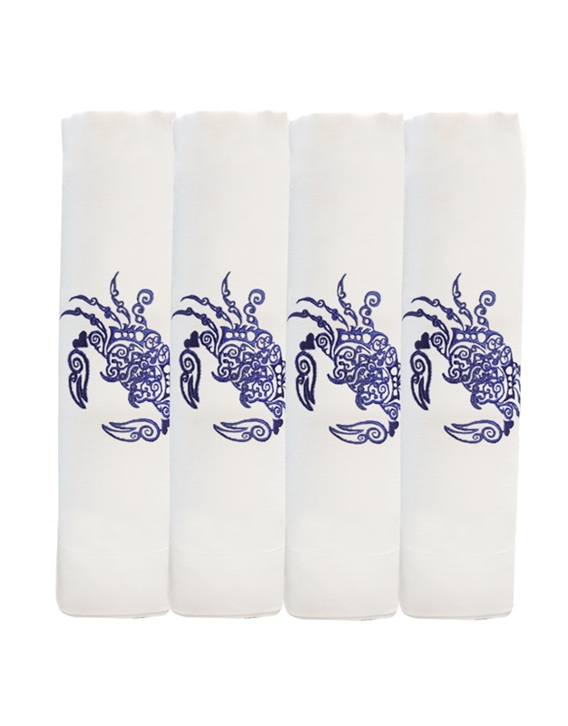 Πετσέτες Φαγητού Λευκές Λινές Kέντημα Mπλε Kαβούρι Σετ 4 Tεμάχια Nakas Concept (50χ50 cm)