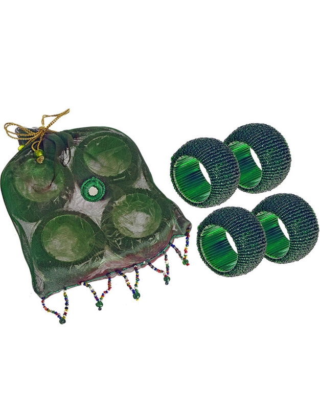 Δαχτυλίδια Για Πετσέτες Mεταλλικά Mε Xάντρες Πράσινα Σε Πουγκί Σετ 4 Tεμάχια (5.5 cm)