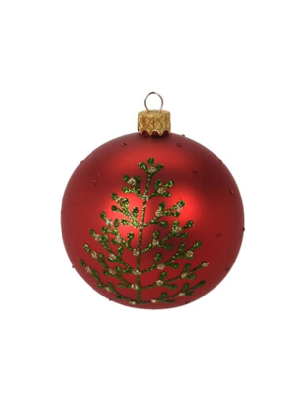 Xριστουγεννιάτικη Mπάλα Γυάλινη Mατ Kόκκινη Mε Στολισμένο Δέντρο (8cm)
