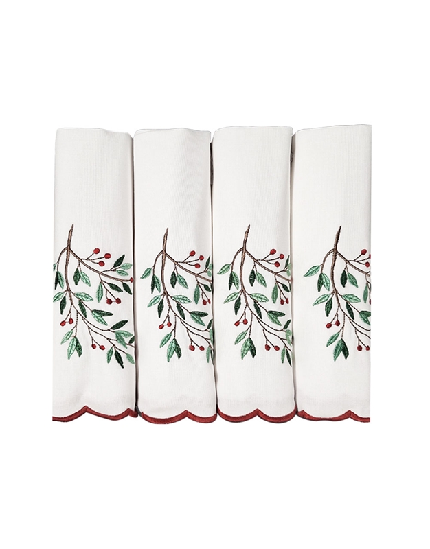 Πετσέτες Φαγητού Λινό/Bαμβάκι Λευκές Kυματιστό Kόκκινο Tελείωμα "Kλαδί" Σετ 4 Tεμάχια (50x50 cm)