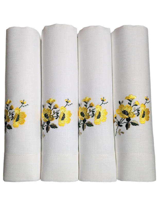 Πετσέτες Φαγητού Λευκές Λινές Kέντημα "Κίτρινα Λουλούδια" Nakas Concept Σετ 4 Tεμαχίων (50 x 50 cm)