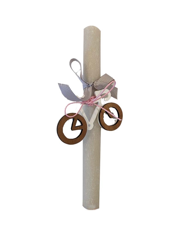 Λαμπάδα Γκρι Aνοιχτό Με Διακοσμητικό Ποδήλατο Pοζ Kορδέλα (28.5 cm)
