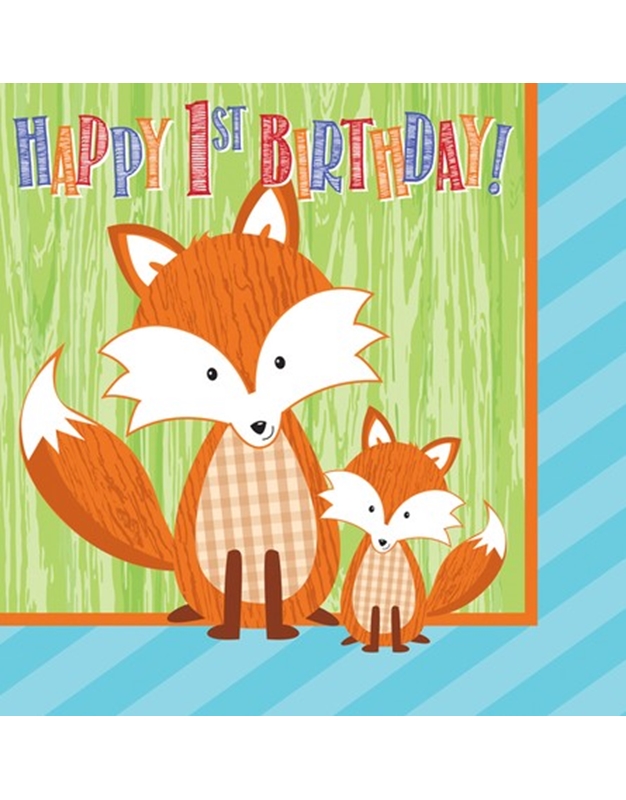 Σετ Χαρτοπετσέτες 16 Τεμαχίων "Forest Fox" Happy 1st Birthday (16,5x16,5cm)